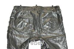 Men's Real Leather Lace Up Biker Motorcycle Black Trousers Pants Size W38 L28