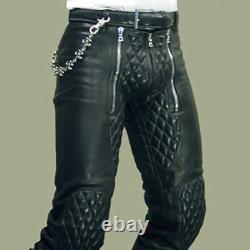 Men's Real Leather Pant Quilted Jeans Trousers BLUF Pants Bikers Breeches Cuir