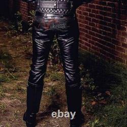 Men's Real Leather Pants Black Cowhide Leather Double Zipped Biker Trousers