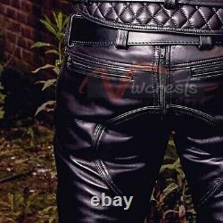 Men's Real Leather Pants Black Cowhide Leather Double Zipped Biker Trousers