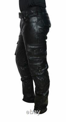 Men's Real Leather Pants Cargo Quilted Panel Trousers Leder Gay Breeches BLUF