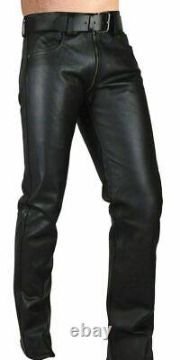 Men's Real Leather Pants Double Slider Zip Leather Pant Front Back Zips Fetish