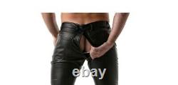 Men's Real Leather Pants Double Slider Zip Leather Pant Front Back Zips Fetish