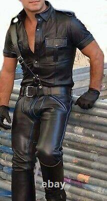 Men's Real Leather Pants & Police Shirt Contrast Piping BLUF Pants & Shirt