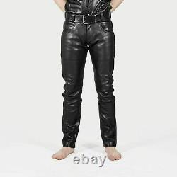 Men's Real Leather Trouser Biker Motorcycle Jeans Pant Black Cow Hide leathers