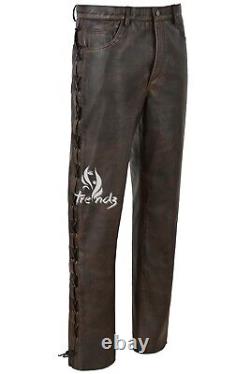 Men's Real Leather Trouser Black Bronze 100% Cowhide Laced Biker Style 00126