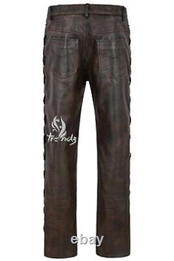 Men's Real Leather Trouser Black Bronze 100% Cowhide Laced Biker Style 00126