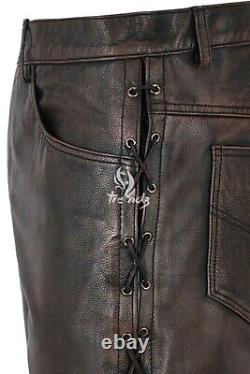 Men's Real Leather Trouser Black Bronze 100% Cowhide Laced Biker Style 00126