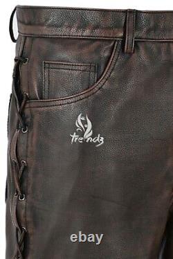 Men's Real Leather Trouser Black Bronze 100% Cowhide Laced Biker Style 00126