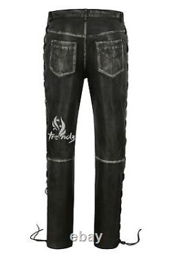 Men's Real Leather Trouser Black Vintage 100% Lambskin Laced Biker Style 00126