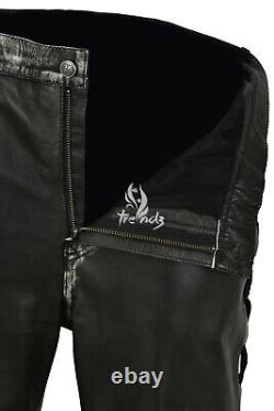 Men's Real Leather Trouser Black Vintage 100% Lambskin Laced Biker Style 00126