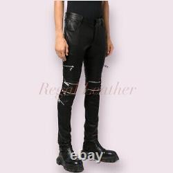 Men's Real Leather Trouser Motorcycle Black Lambskin Leather Style Pant LGBT