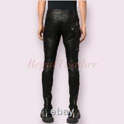 Men's Real Leather Trouser Motorcycle Black Lambskin Leather Style Pant LGBT