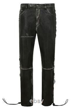 Men's Real Leather Trousers Biker Laced Vintage 100% Lambskin Riding Pants 00126