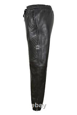 Men's Real Leather Trousers Black Napa Quilted Track Pants Jogging Bottoms 4050