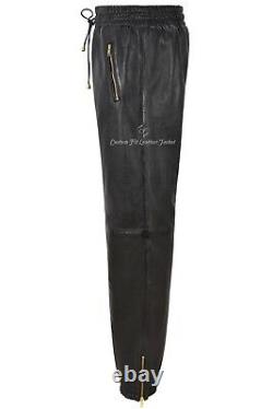 Men's Real Leather Trousers Black Napa Sweat Track Pant Zip Jogging Bottom 3040