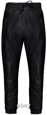Men's Real Leather Trousers Black Napa Sweat Track Pant Zip Jogging Bottom Sport