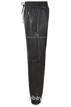 Men's Real Leather Trousers Black Napa Sweat Track Pant Zip Jogging Bottoms 3040