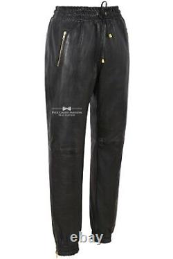Men's Real Leather Trousers Black Napa Zip Jogging Bottoms Sweat Track Pant 3040