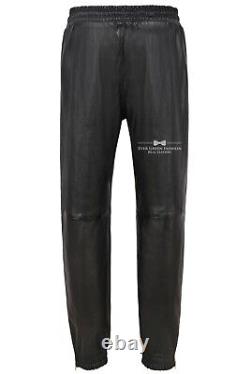 Men's Real Leather Trousers Black Napa Zip Jogging Bottoms Sweat Track Pant 3040