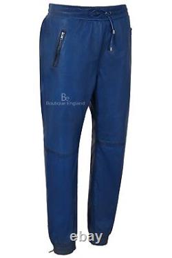 Men's Real Leather Trousers Blue Napa Sweat Track Pant Zip Jogging Bottom 3040