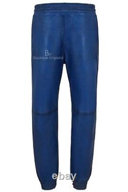 Men's Real Leather Trousers Blue Napa Sweat Track Pant Zip Jogging Bottom 3040