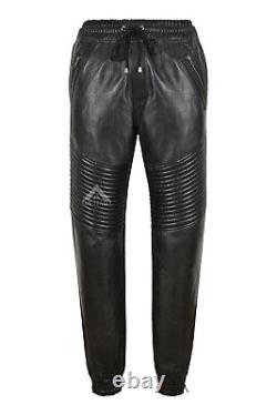 Men's Real Leather Trousers Quilted Track Black Napa Pants Jogging Bottoms 4050