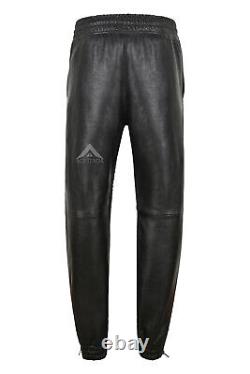 Men's Real Leather Trousers Quilted Track Black Napa Pants Jogging Bottoms 4050