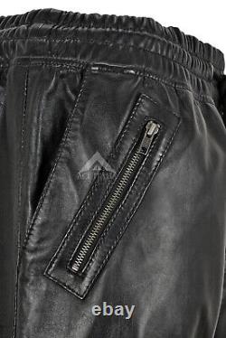 Men's Real Leather Trousers Quilted Track Black Napa Pants Jogging Bottoms 4050