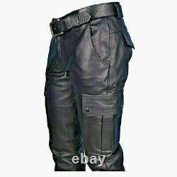 Men's Real New Black Leather Cargo Pants 100% Original Genuine Cowhide Leather