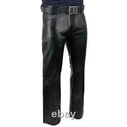 Men's Real Sheepskin Black Leather Biker Pant Classic Casual Jeans Trousers