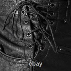 Men's Real Sheepskin Black Leather Waist Lace Up Pant Moto Biker Trousers With36
