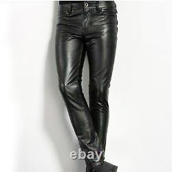 Men's Slim Fit Genuine Cowhide Leather Pants Tight Casual Trousers Pant