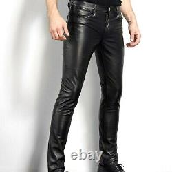 Men's Slim Fit Genuine Cowhide Leather Pants Tight Casual Trousers Pant