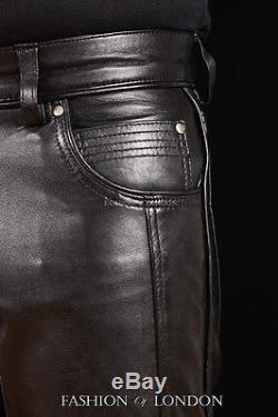 Men's TROOPER Black Lambskin Premium Real Leather Motorcycle Trouser Pants Jeans