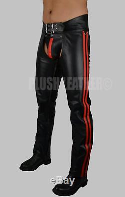 Men's Very Hot 100% Black Genuine Leather Chaps With Double Strip Bluf Gay