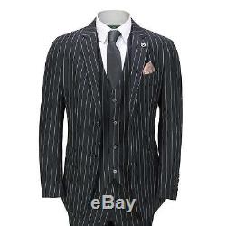 Mens 3 Piece Pin Stripe Suit Black White Retro 1920s Peaky Blinders Gatsby Style