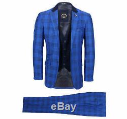 Mens 3 Piece Suit Retro Black Plaid Check on Royal Blue Contrast Navy Waistcoat