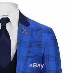 Mens 3 Piece Suit Retro Black Plaid Grid Check on Royal Blue Tailored Fit Contrast Navy Waistcoat