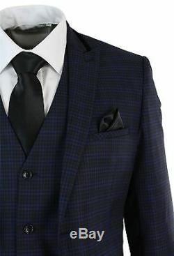 Mens 3 Piece Tailored Fit Check Blue Plum Black Suit Vintage Retro Smart Formal