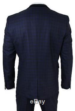 Mens 3 Piece Tailored Fit Check Blue Plum Black Suit Vintage Retro Smart Formal
