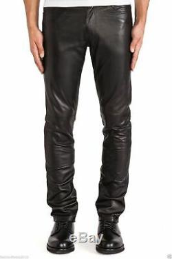 Mens 501 JEANS STYLE Black Cowhide Real Classic Leather Biker Trouser Pants