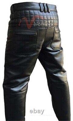 Mens Bikers Pants Real Black Leather Quilted Design Motorcycle Jeans Trouser