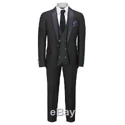 Mens Black 3 Piece Tuxedo Suit Wedding Formal Tailored Fit Dinner Jacket Blazer