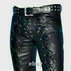Mens Black Genuine Leather Pants Real Leather Lace Up Pants Trousers for Men