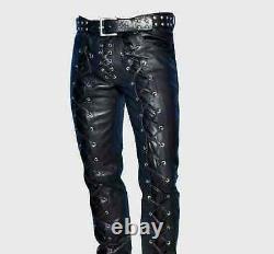 Mens Black Genuine Leather Pants Real Leather Lace Up Pants Trousers for Men