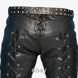 Mens Black Genuine Leather Pants Real Leather Lace Up Pants Trousers for Men