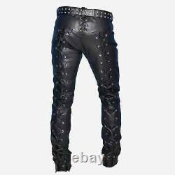 Mens Black Genuine Leather Pants Real Leather Lace Up Pants Trousers for Men