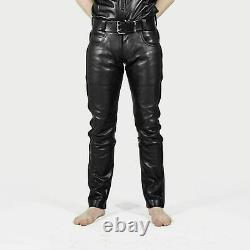 Mens Black Genuine Leather slim fit Biker trouser pants Five pocket Jeans Fitted