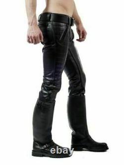 Mens Black Leather Biker Pants Quilted Leather Slim Fit Leather Trousers